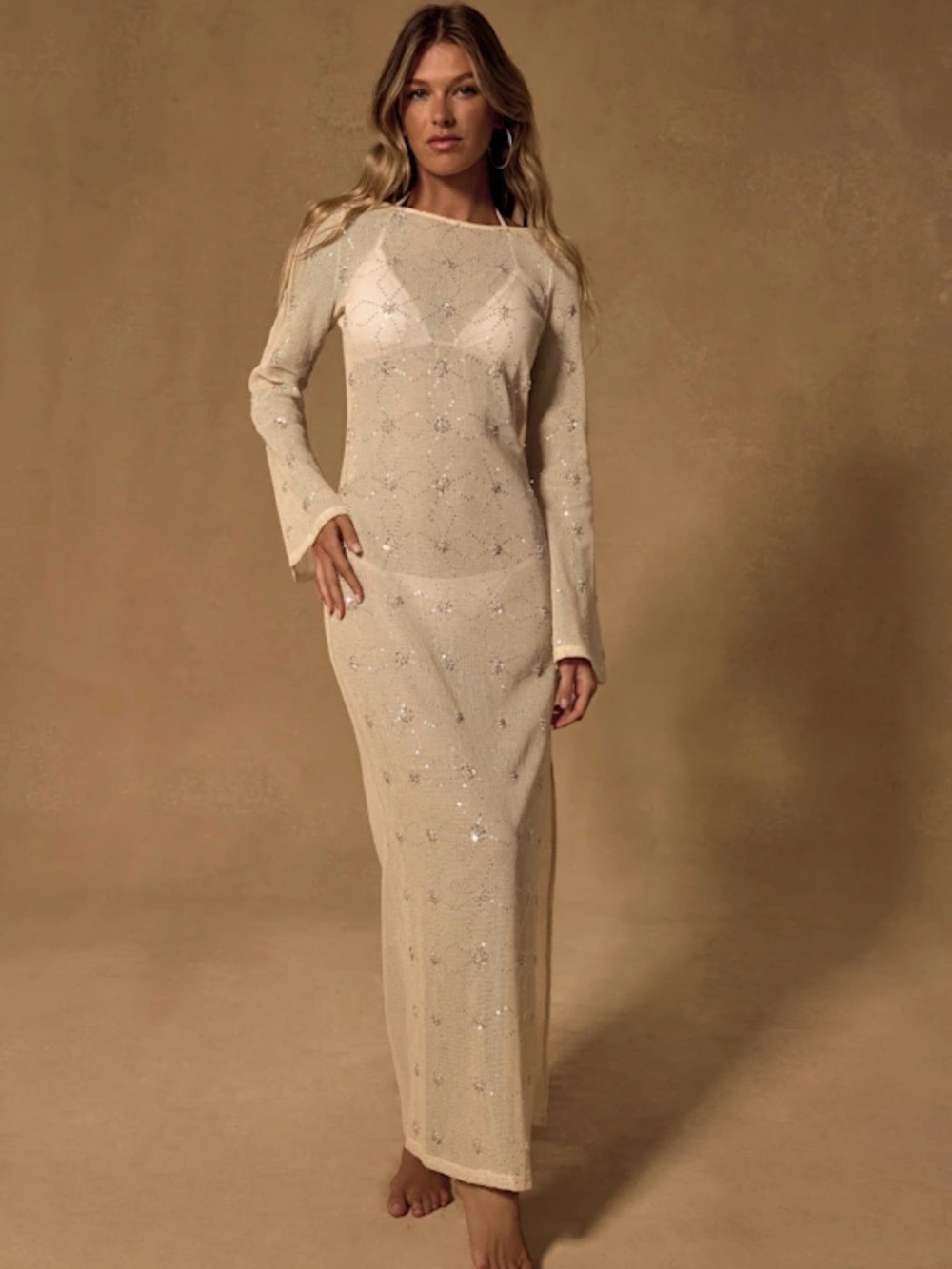 Lulu's Cream Sequin Knit Maxi Dress with Long Sleeves